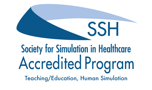 Blue swoosh logo with text that reads SSH Society for Simulation in Healthcare Accredited Program Teaching/Education, Human Simulation