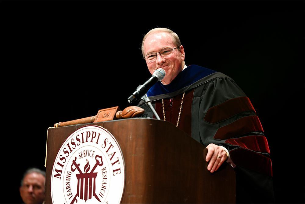 MSU President Mark E. Keenum addressed graduating MSN students during a graduation ceremony Aug. 6 for the university’s second cohort of the rigorous 12-month, direct-entry program. (Photo by Grace Cockrell)